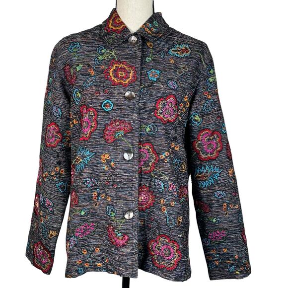 Chico’s Design SZ 1 (Medium) Jacket Tapestry Button-Up Embroidered Beaded Lined - Picture 1 of 8
